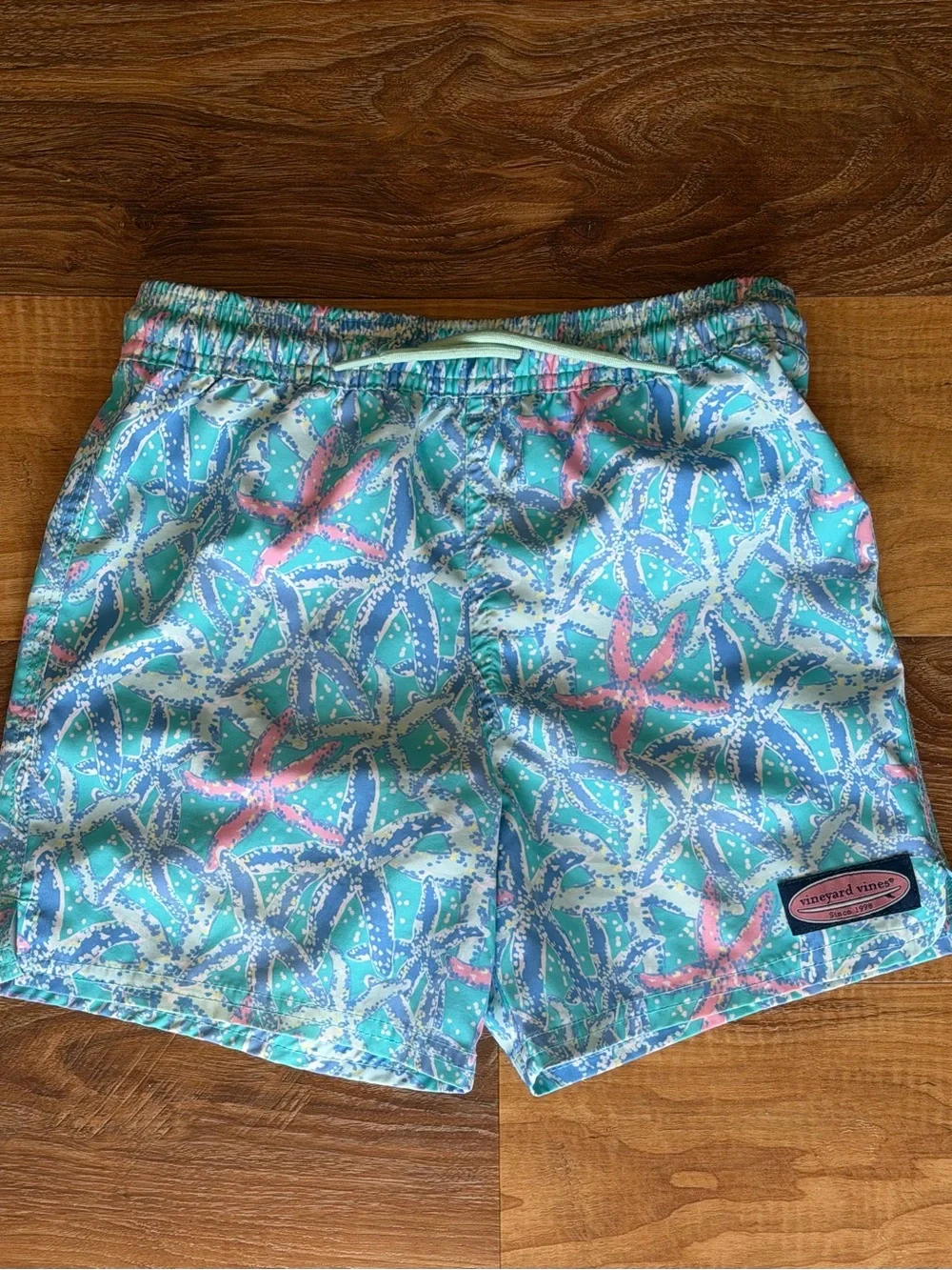 Vineyard Vines Teal Swim Shorts with Pink & White Starfish